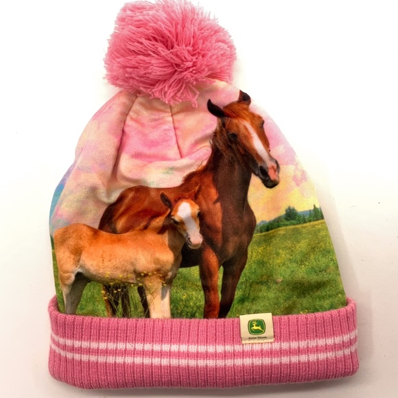 John Deere Pink Pom Pom Winter Hat Horse Graphic - Picture 1 of 6